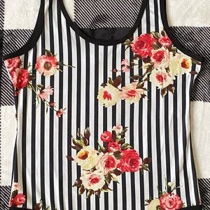 Women/Junior Bodysuit Size Large Black And White Stripes With Roses